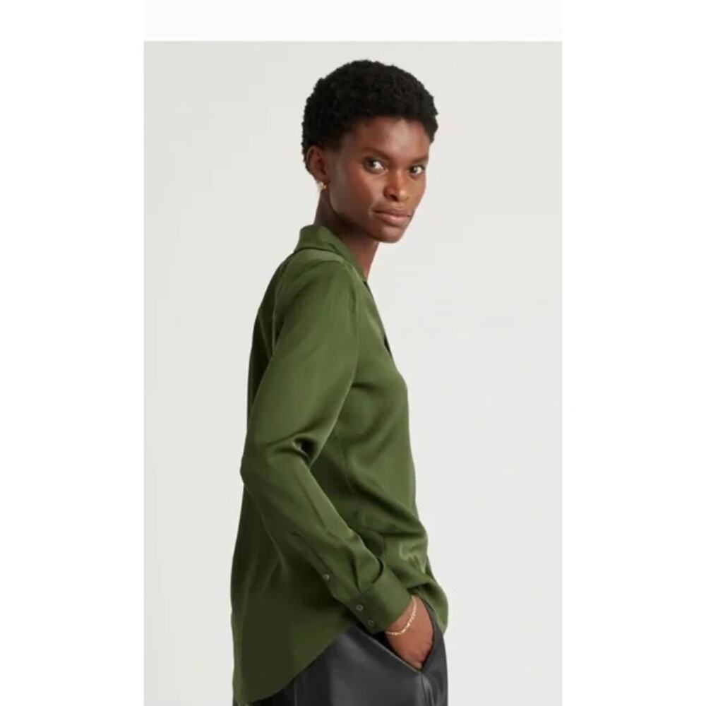 Quince Washable Stretch Notch Collar Blouse Basil Green Sz L NWT - Picture 3 of 7